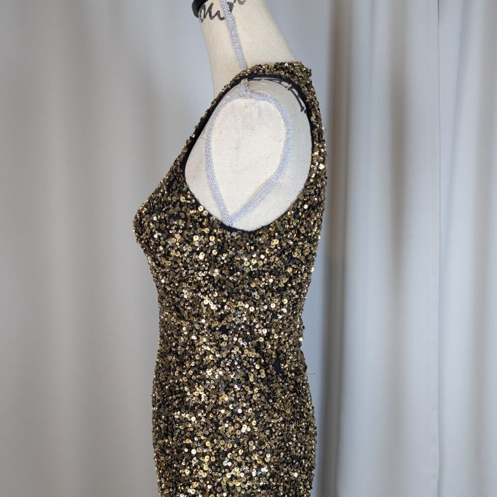Theia Gold Sequin Gown Size 4 Black Gold Sleeveless Mermaid Maxi Dress - Picture 11 of 16